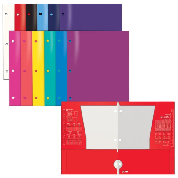 Better Office Products 4 Pocket Glossy Laminated Paper Folders Portfolio, 3 Hole Punched, Asst'd Primary Colors, 12PK 80297